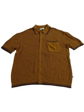 Standard Cloth Brown Button Up Knit Shirt Sweater Men Size M Short Sleeve
